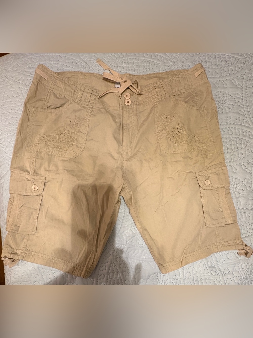 K Jordan Women's Tan Cargo Shorts with Embroidered Pockets